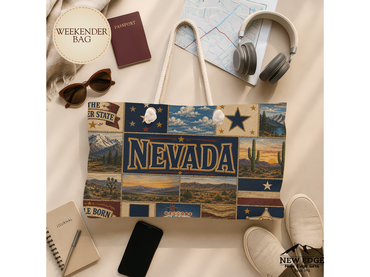 Nevada Weekender Bag Battle Born Faux Patchwork Travel Tote Silver State Vintage Desert Western Adventure Gift