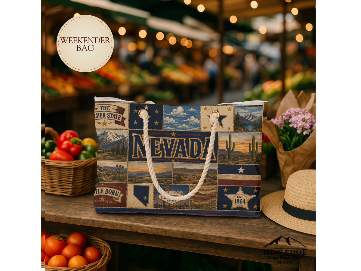 Nevada Weekender Bag Battle Born Faux Patchwork Travel Tote Silver State Vintage Desert Western Adventure Gift