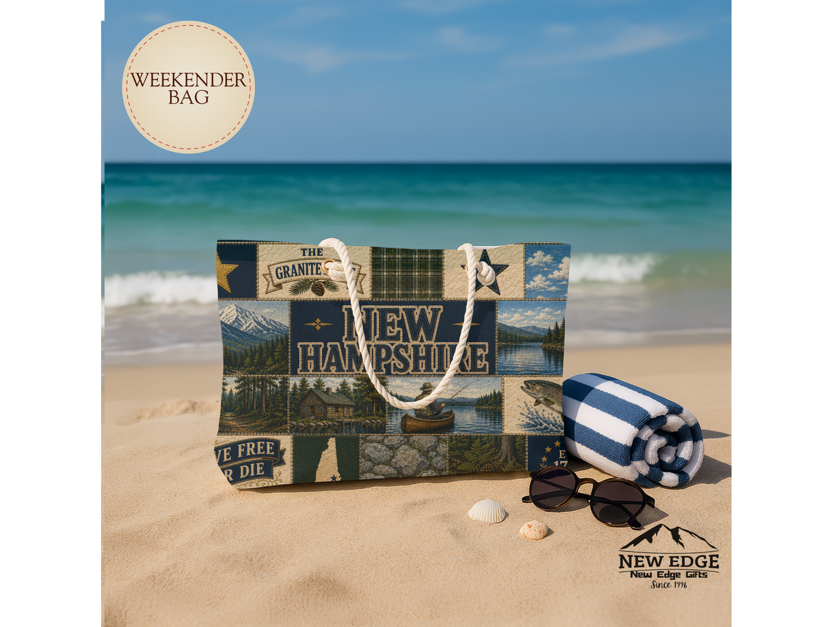 New Hampshire Weekender Bag Live Free or Die Faux Patchwork Travel Tote Granite State Mountain Lake Adventure Gift