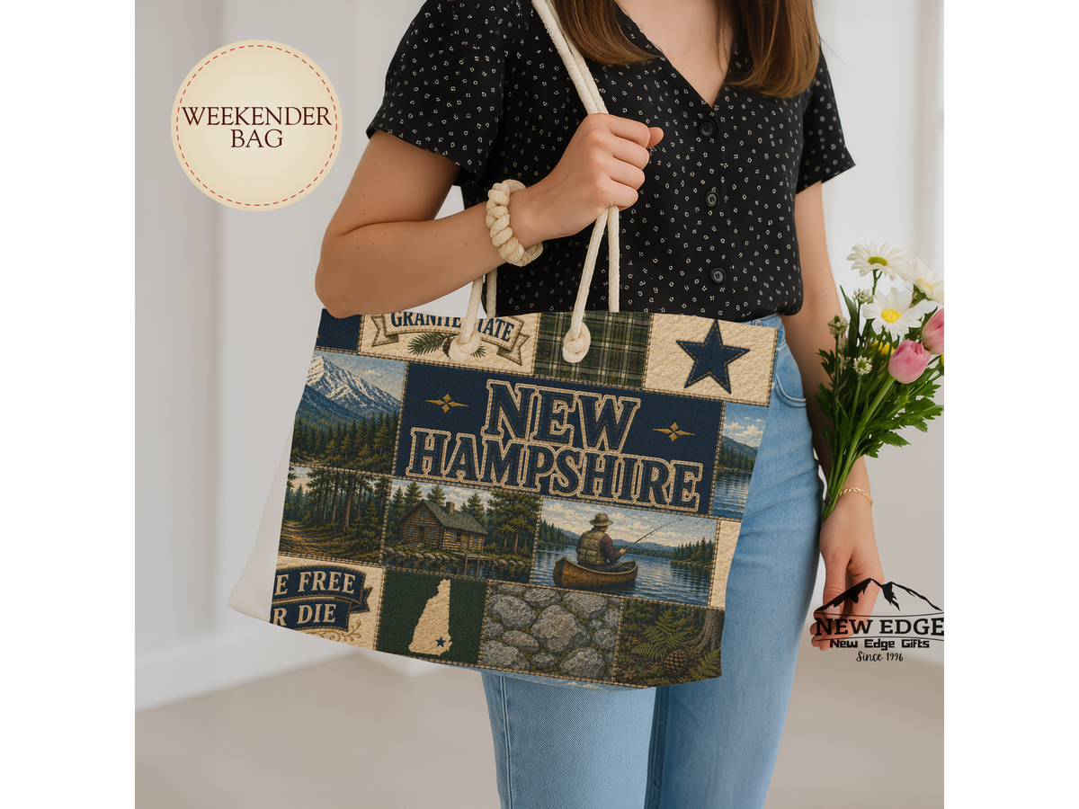 New Hampshire Weekender Bag Live Free or Die Faux Patchwork Travel Tote Granite State Mountain Lake Adventure Gift