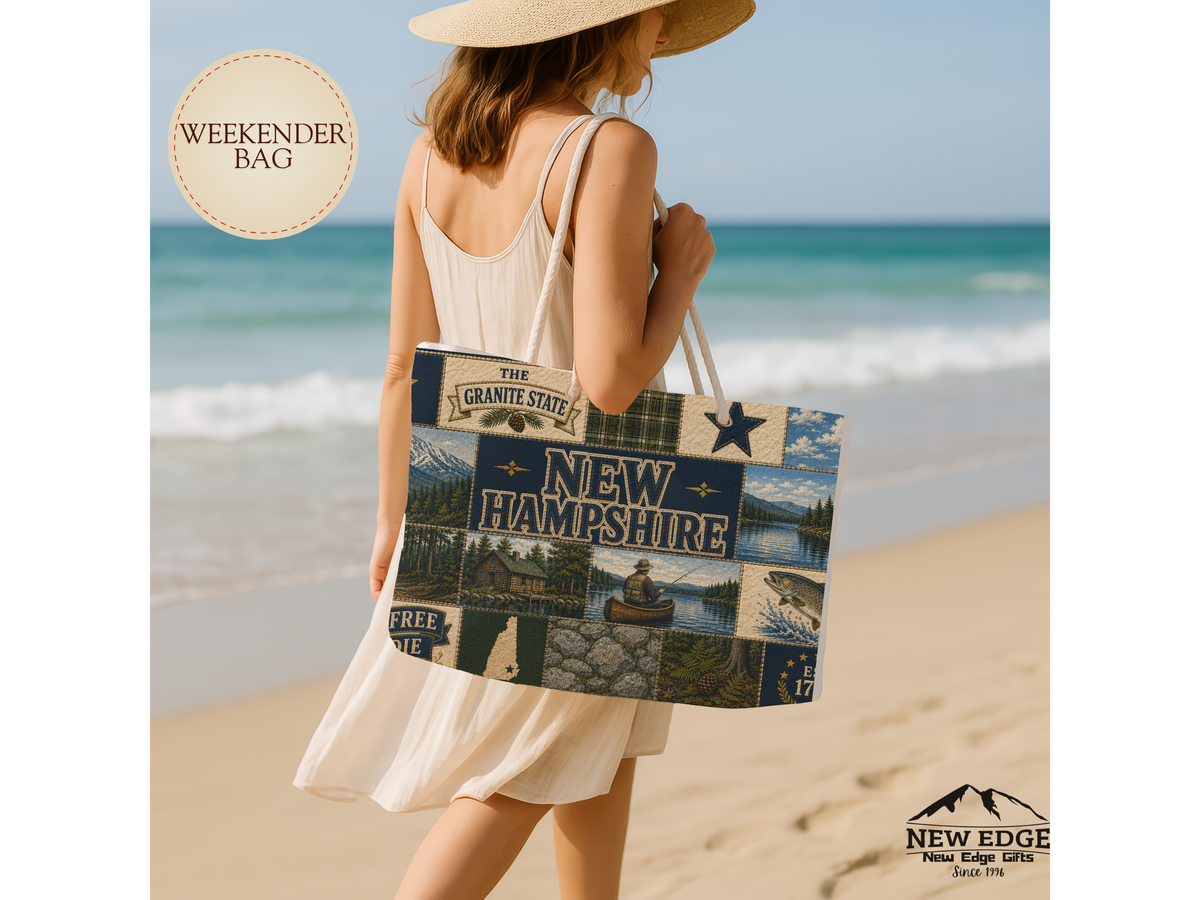 New Hampshire Weekender Bag Live Free or Die Faux Patchwork Travel Tote Granite State Mountain Lake Adventure Gift