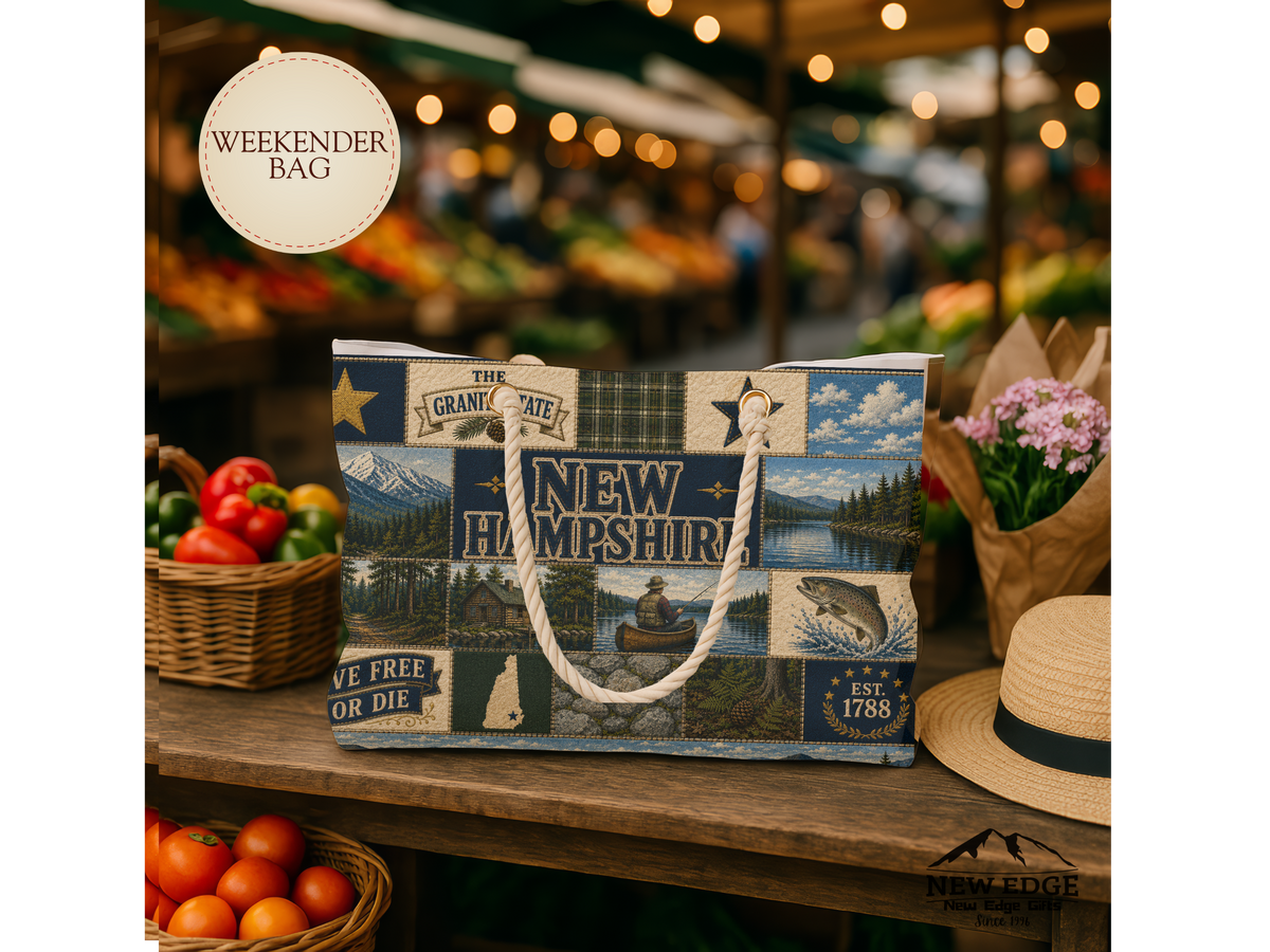 New Hampshire Weekender Bag Live Free or Die Faux Patchwork Travel Tote Granite State Mountain Lake Adventure Gift