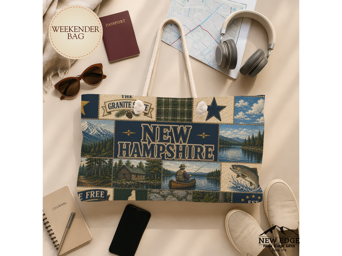 New Hampshire Weekender Bag Live Free or Die Faux Patchwork Travel Tote Granite State Mountain Lake Adventure Gift