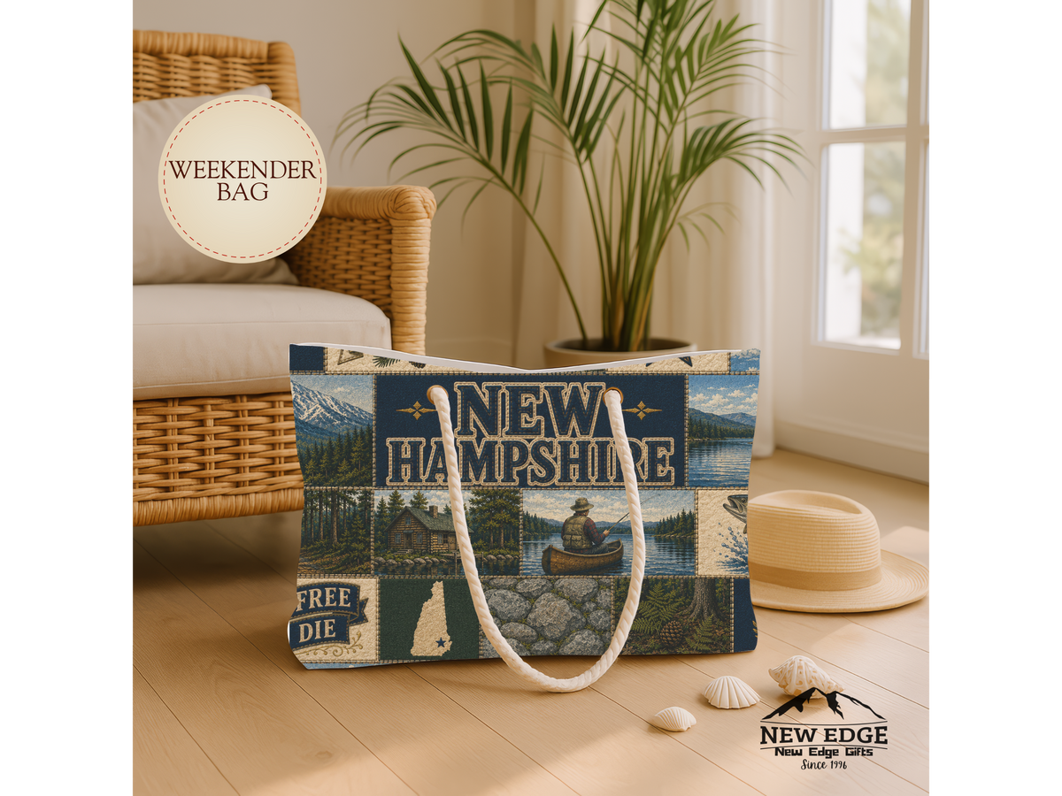 New Hampshire Weekender Bag Live Free or Die Faux Patchwork Travel Tote Granite State Mountain Lake Adventure Gift