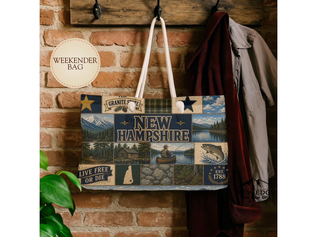 New Hampshire Weekender Bag Live Free or Die Faux Patchwork Travel Tote Granite State Mountain Lake Adventure Gift