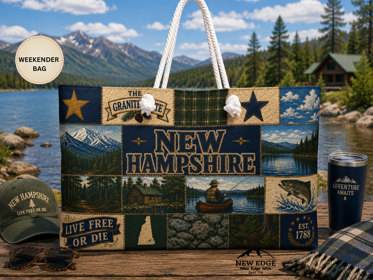 New Hampshire Weekender Bag Live Free or Die Faux Patchwork Travel Tote Granite State Mountain Lake Adventure Gift