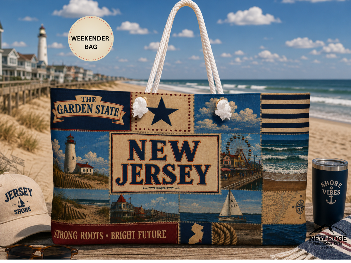 New Jersey Weekender Bag Garden State Faux Patchwork Travel Tote Jersey Shore Coastal Beach Vacation Souvenir Gift
