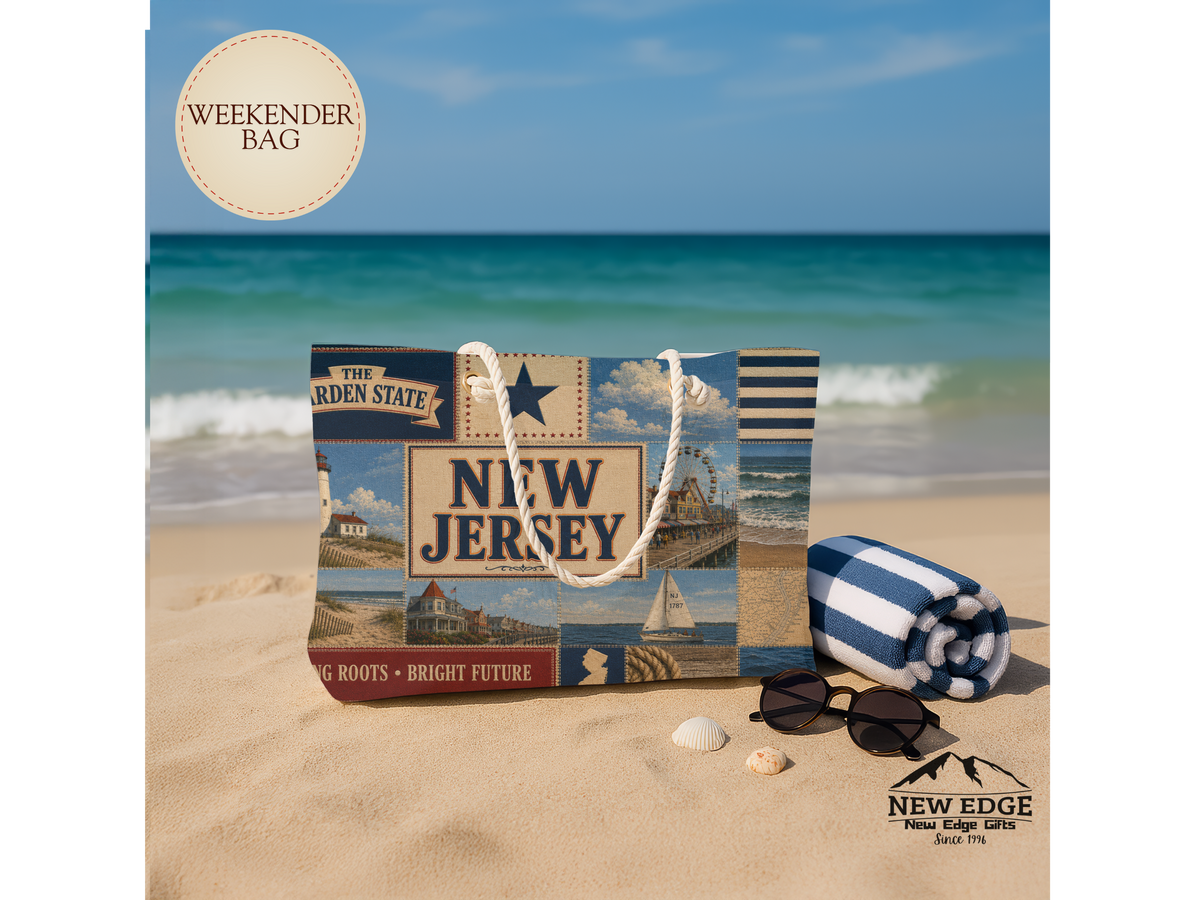 New Jersey Weekender Bag Garden State Faux Patchwork Travel Tote Jersey Shore Coastal Beach Vacation Souvenir Gift