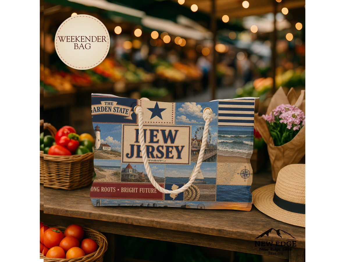 New Jersey Weekender Bag Garden State Faux Patchwork Travel Tote Jersey Shore Coastal Beach Vacation Souvenir Gift