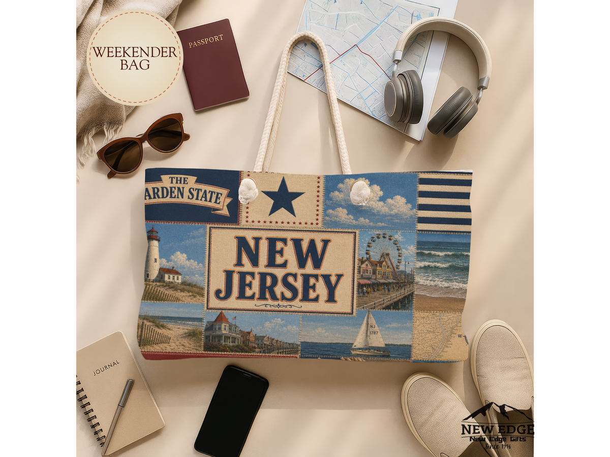 New Jersey Weekender Bag Garden State Faux Patchwork Travel Tote Jersey Shore Coastal Beach Vacation Souvenir Gift