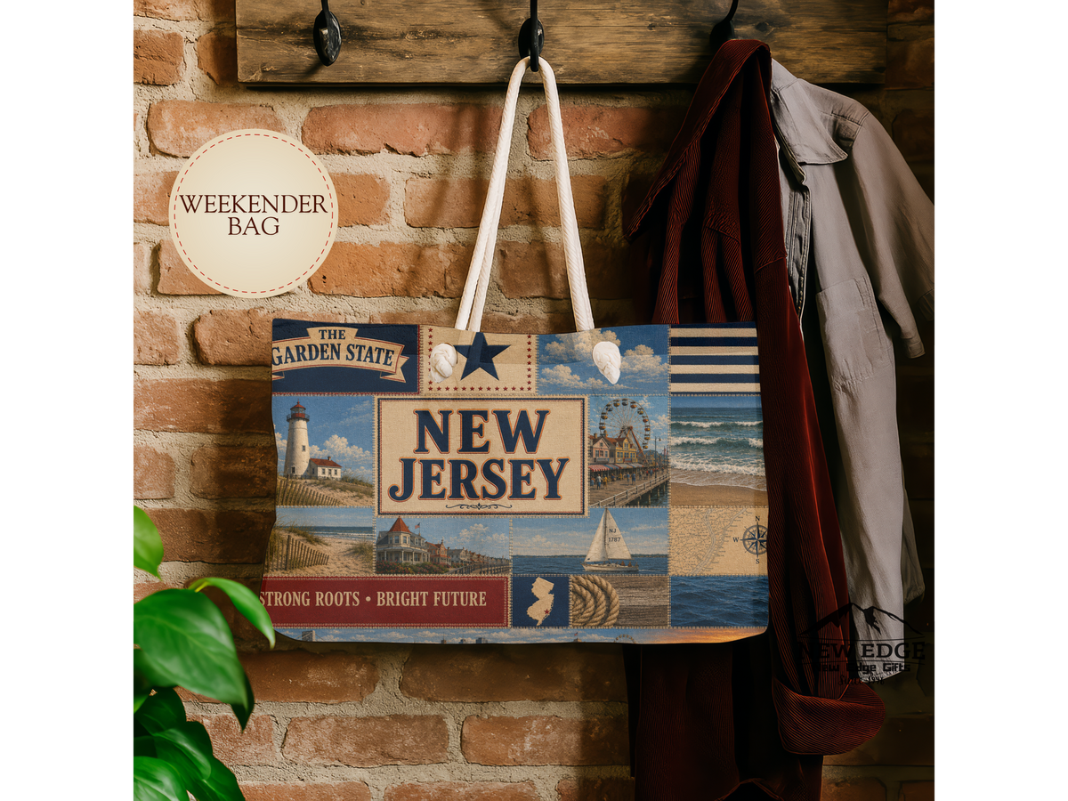 New Jersey Weekender Bag Garden State Faux Patchwork Travel Tote Jersey Shore Coastal Beach Vacation Souvenir Gift