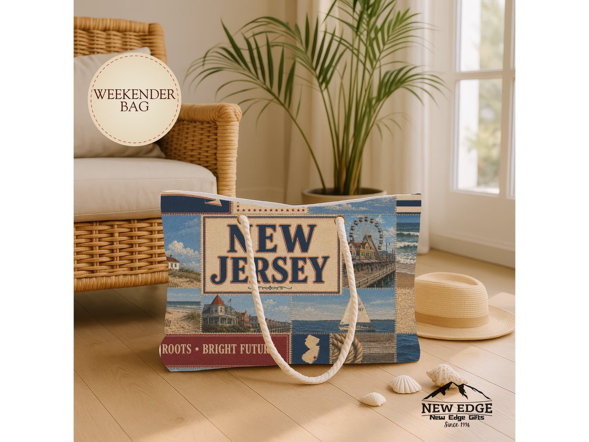 New Jersey Weekender Bag Garden State Faux Patchwork Travel Tote Jersey Shore Coastal Beach Vacation Souvenir Gift