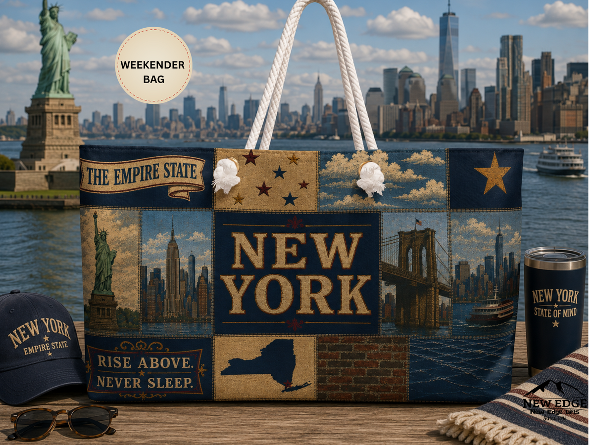 New York Weekender Bag Empire State Faux Patchwork Travel Tote Statue of Liberty NYC Skyline Vacation Souvenir Gift