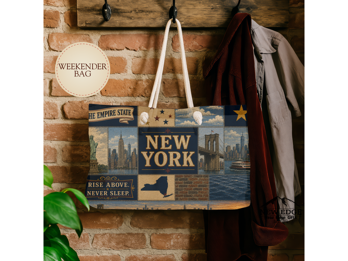 New York Weekender Bag Empire State Faux Patchwork Travel Tote Statue of Liberty NYC Skyline Vacation Souvenir Gift