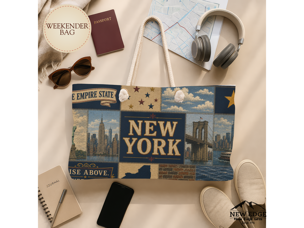 New York Weekender Bag Empire State Faux Patchwork Travel Tote Statue of Liberty NYC Skyline Vacation Souvenir Gift