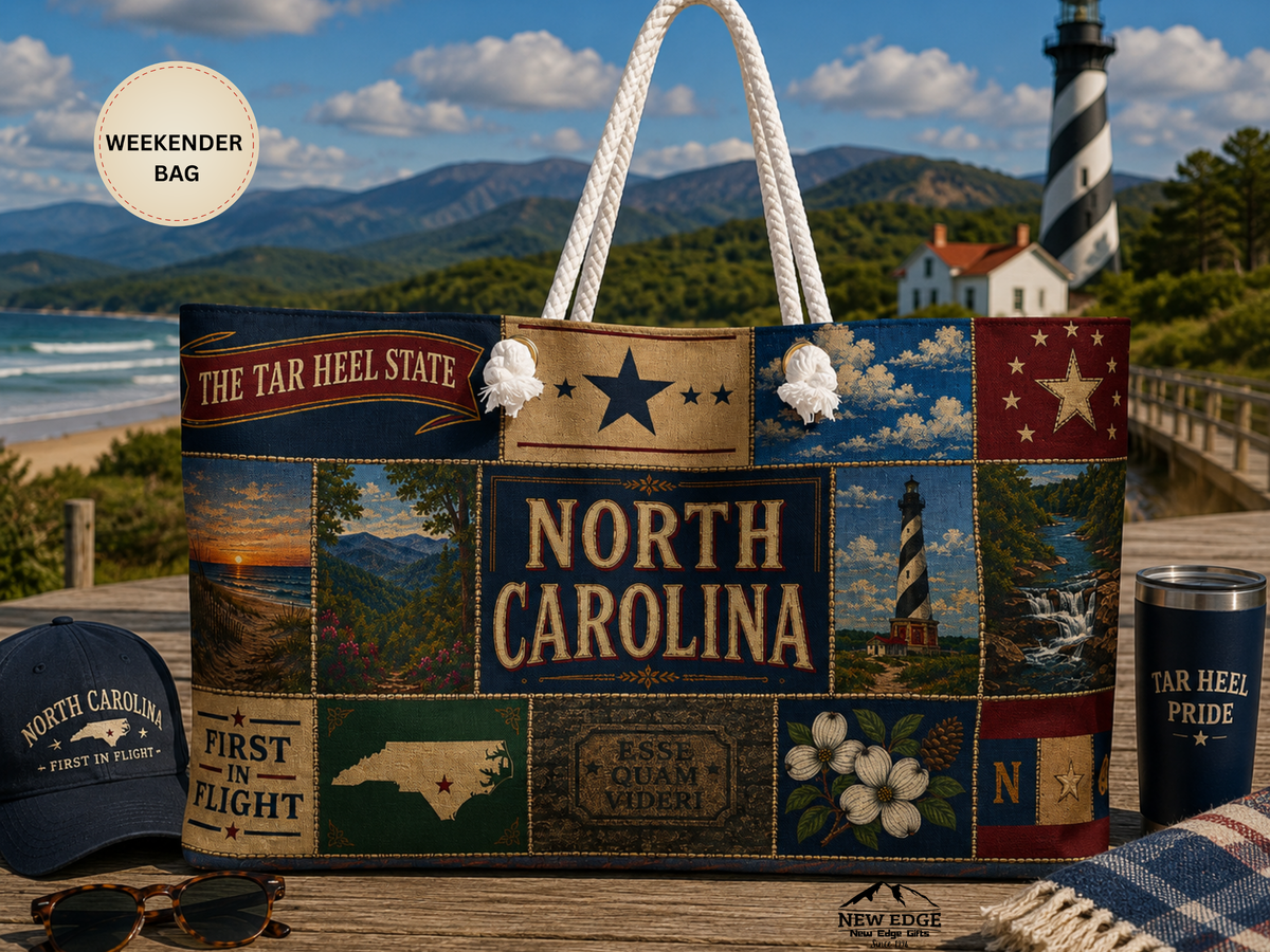 North Carolina Weekender Bag First in Flight Faux Patchwork Travel Tote Tar Heel State Vintage Souvenir Gift