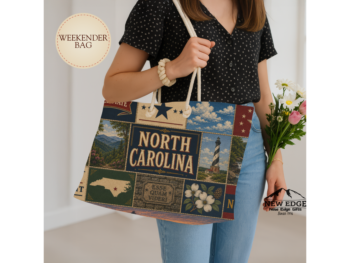 North Carolina Weekender Bag First in Flight Faux Patchwork Travel Tote Tar Heel State Vintage Souvenir Gift