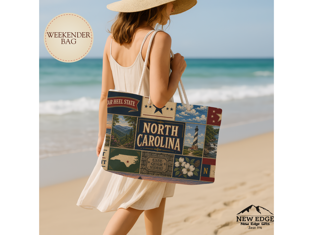 North Carolina Weekender Bag First in Flight Faux Patchwork Travel Tote Tar Heel State Vintage Souvenir Gift