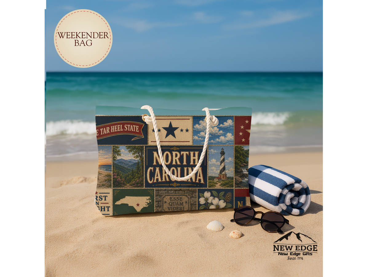 North Carolina Weekender Bag First in Flight Faux Patchwork Travel Tote Tar Heel State Vintage Souvenir Gift