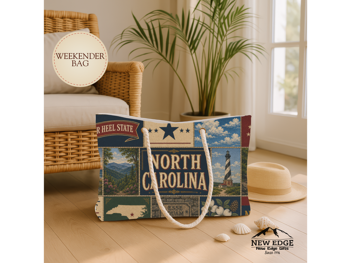 North Carolina Weekender Bag First in Flight Faux Patchwork Travel Tote Tar Heel State Vintage Souvenir Gift