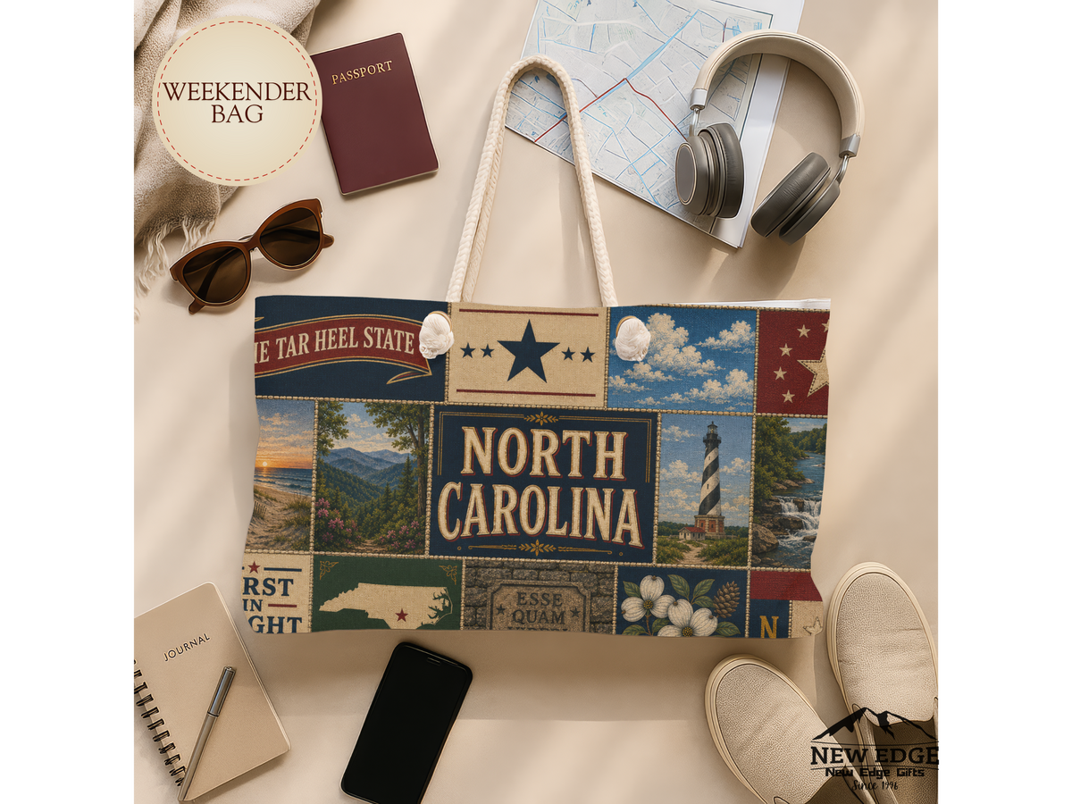 North Carolina Weekender Bag First in Flight Faux Patchwork Travel Tote Tar Heel State Vintage Souvenir Gift