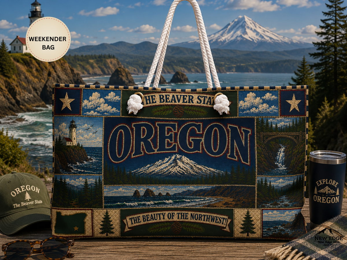 Oregon Weekender Bag Beaver State Faux Patchwork Travel Tote Pacific Northwest Mountain Coastal Adventure Souvenir Gift
