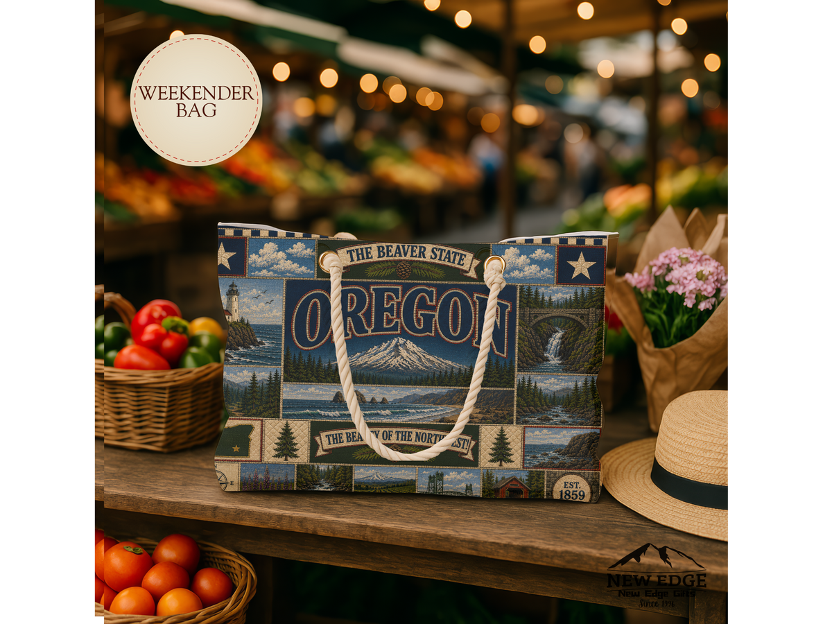 Oregon Weekender Bag Beaver State Faux Patchwork Travel Tote Pacific Northwest Mountain Coastal Adventure Souvenir Gift