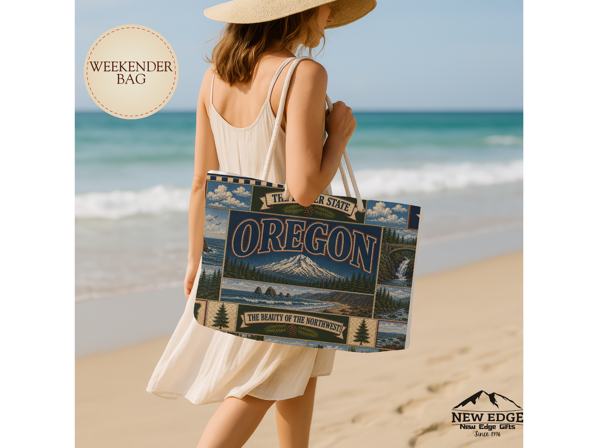 Oregon Weekender Bag Beaver State Faux Patchwork Travel Tote Pacific Northwest Mountain Coastal Adventure Souvenir Gift