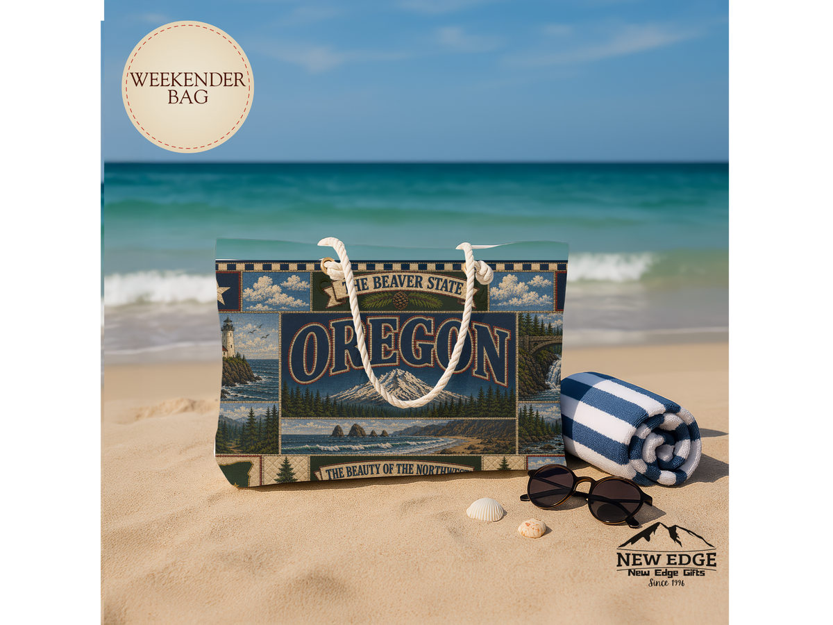 Oregon Weekender Bag Beaver State Faux Patchwork Travel Tote Pacific Northwest Mountain Coastal Adventure Souvenir Gift