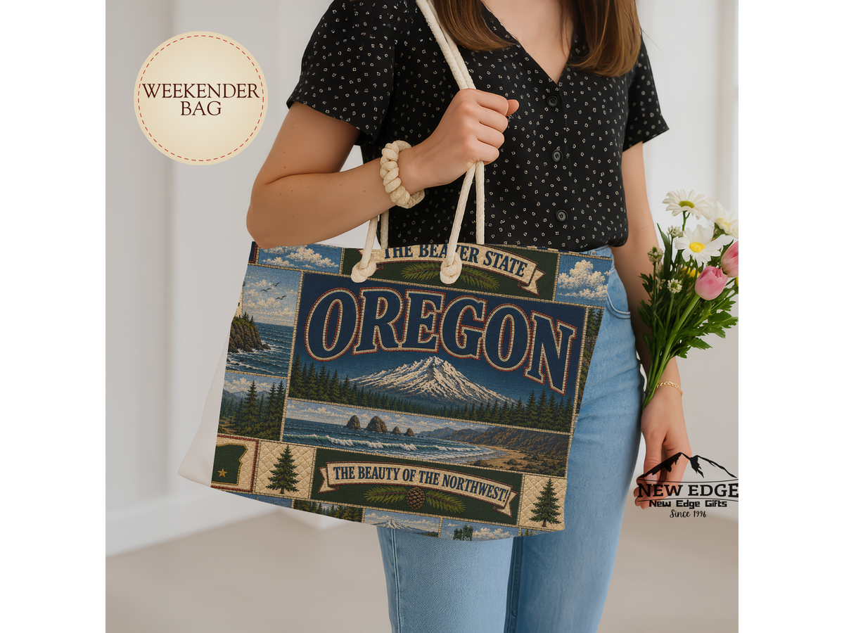 Oregon Weekender Bag Beaver State Faux Patchwork Travel Tote Pacific Northwest Mountain Coastal Adventure Souvenir Gift