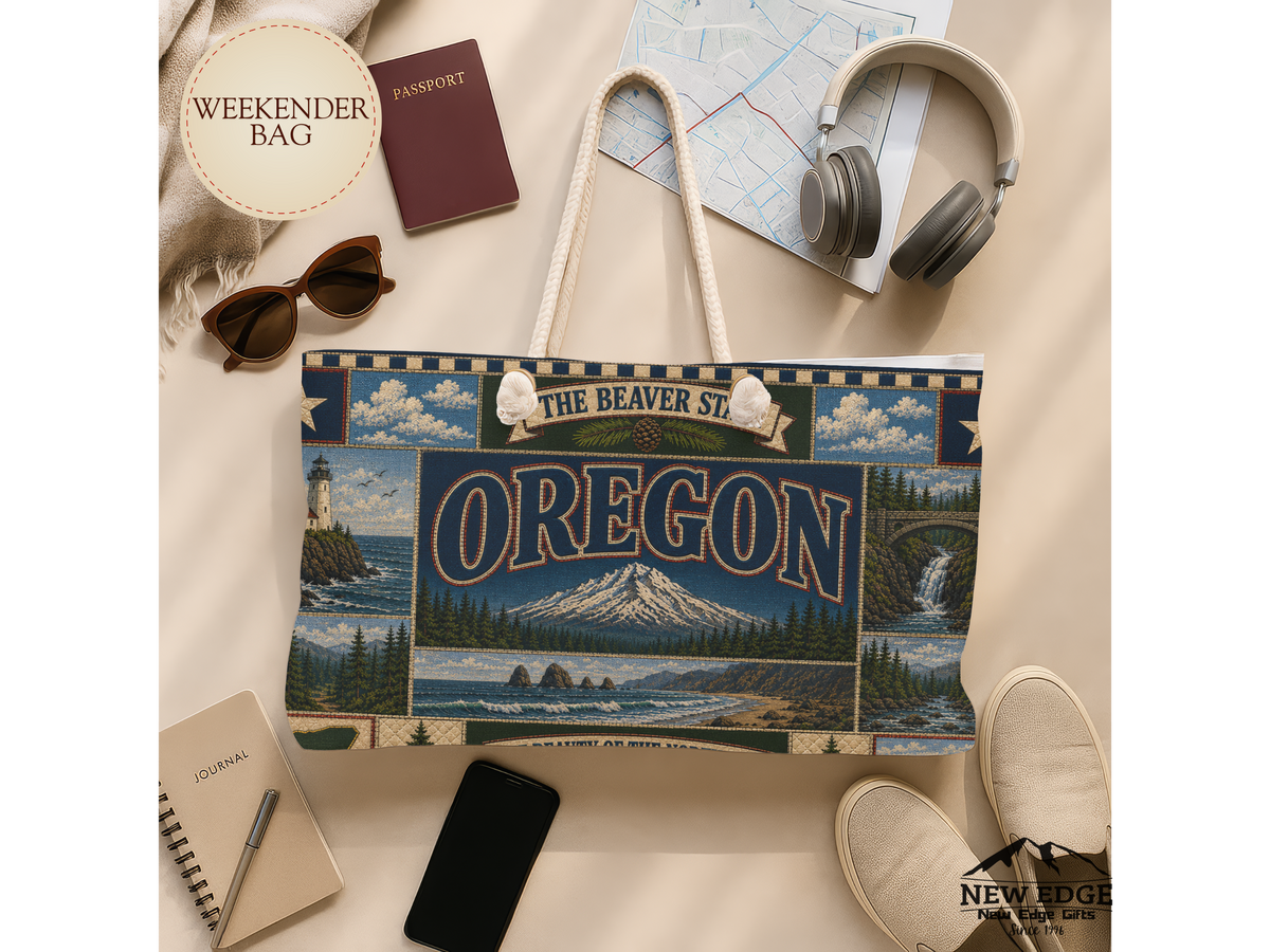 Oregon Weekender Bag Beaver State Faux Patchwork Travel Tote Pacific Northwest Mountain Coastal Adventure Souvenir Gift