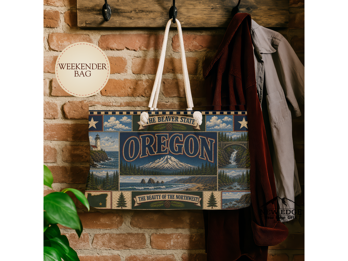 Oregon Weekender Bag Beaver State Faux Patchwork Travel Tote Pacific Northwest Mountain Coastal Adventure Souvenir Gift