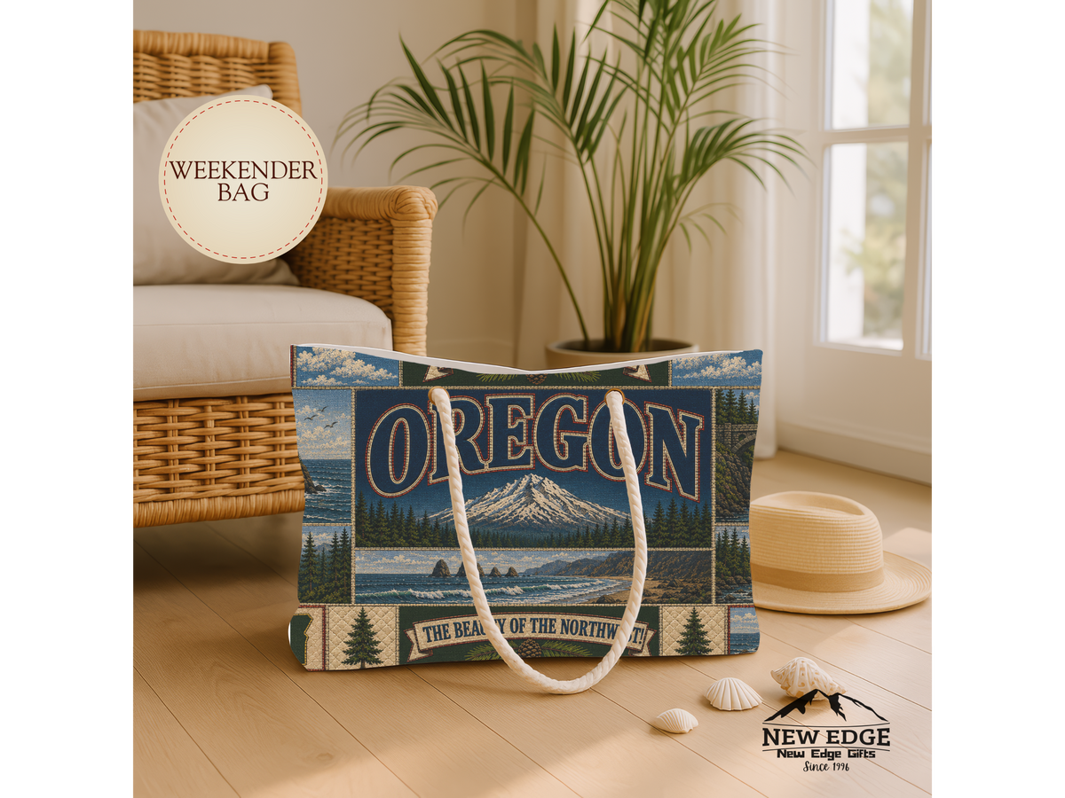 Oregon Weekender Bag Beaver State Faux Patchwork Travel Tote Pacific Northwest Mountain Coastal Adventure Souvenir Gift