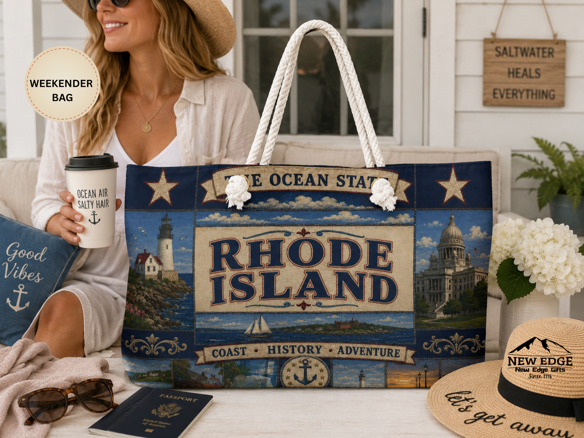 Rhode Island Weekender Bag Ocean State Faux Patchwork Travel Tote Coastal Lighthouse Beach Vacation Souvenir Gift