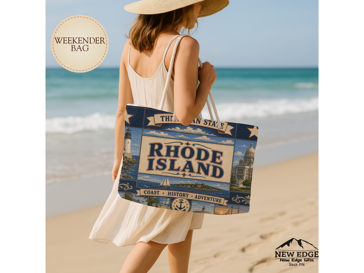 Rhode Island Weekender Bag Ocean State Faux Patchwork Travel Tote Coastal Lighthouse Beach Vacation Souvenir Gift