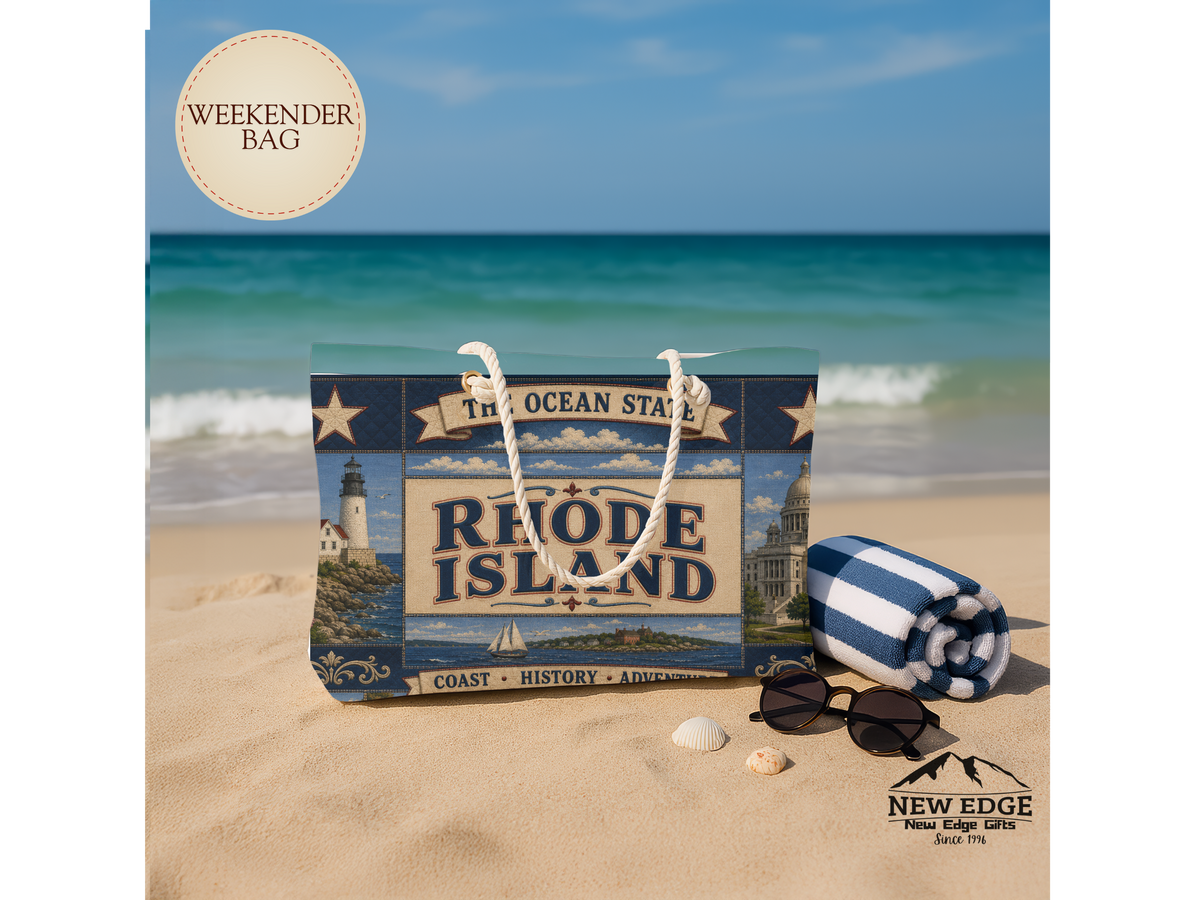 Rhode Island Weekender Bag Ocean State Faux Patchwork Travel Tote Coastal Lighthouse Beach Vacation Souvenir Gift