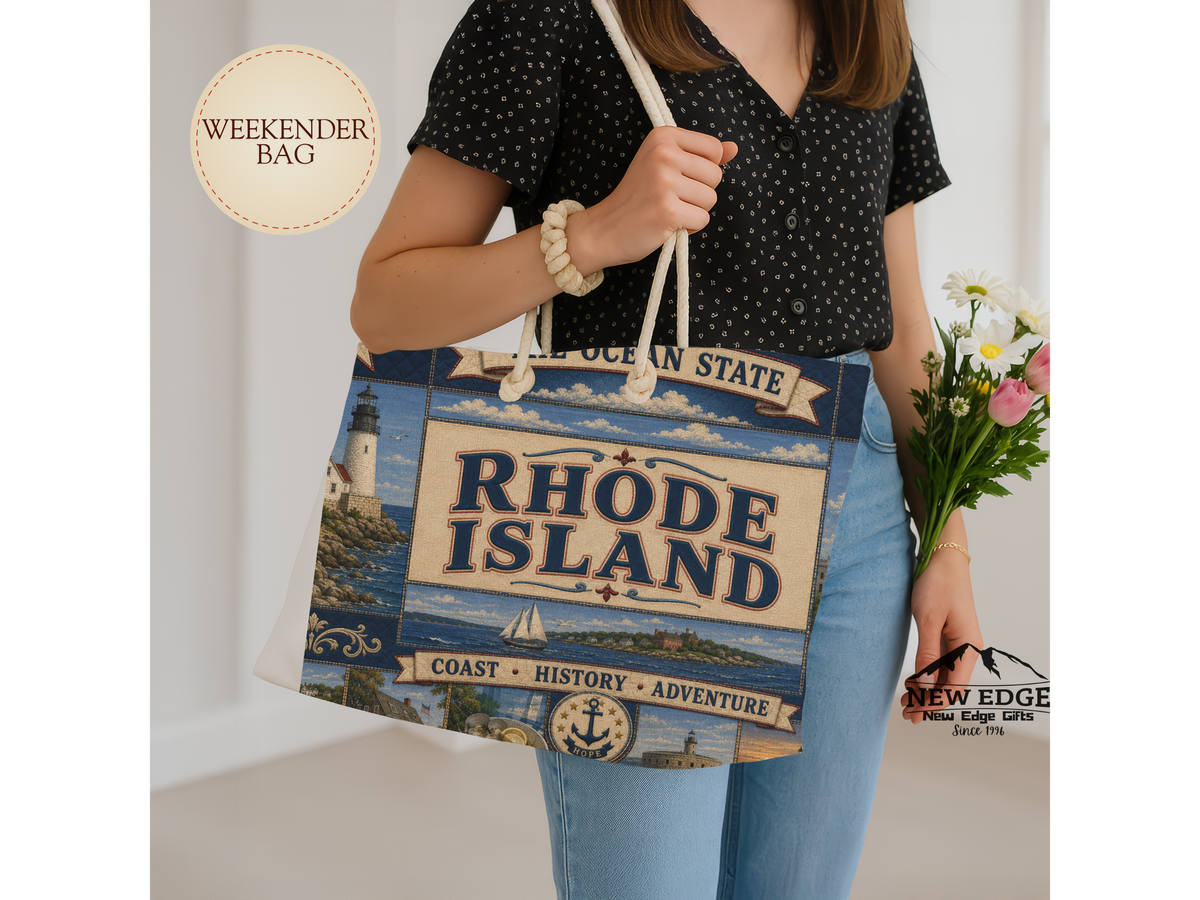 Rhode Island Weekender Bag Ocean State Faux Patchwork Travel Tote Coastal Lighthouse Beach Vacation Souvenir Gift