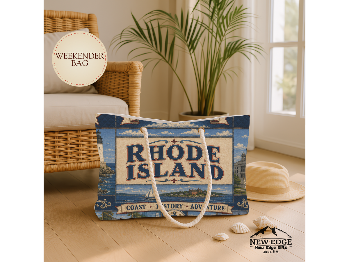 Rhode Island Weekender Bag Ocean State Faux Patchwork Travel Tote Coastal Lighthouse Beach Vacation Souvenir Gift