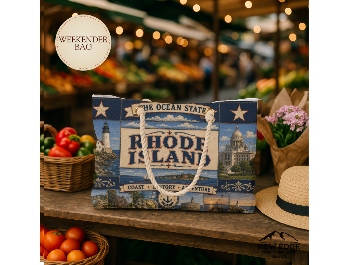 Rhode Island Weekender Bag Ocean State Faux Patchwork Travel Tote Coastal Lighthouse Beach Vacation Souvenir Gift