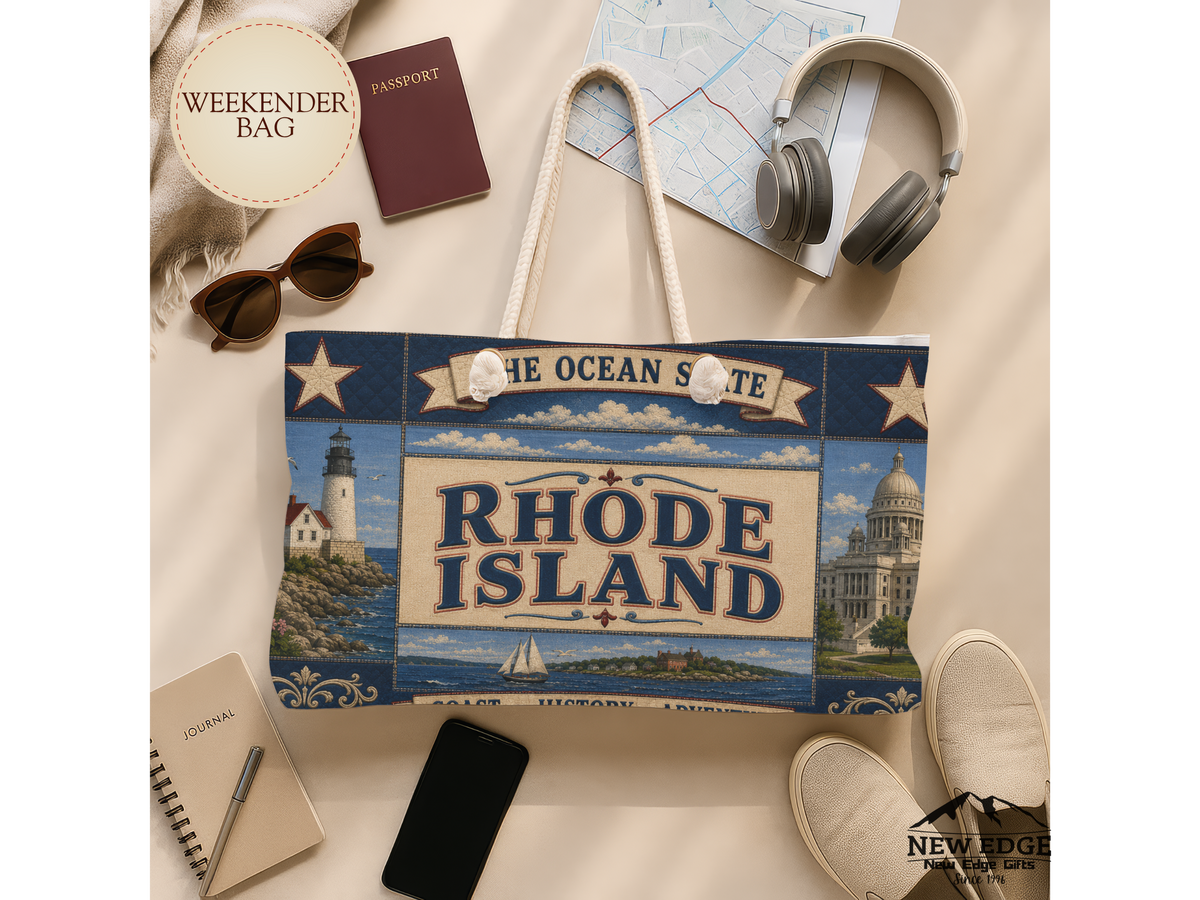 Rhode Island Weekender Bag Ocean State Faux Patchwork Travel Tote Coastal Lighthouse Beach Vacation Souvenir Gift