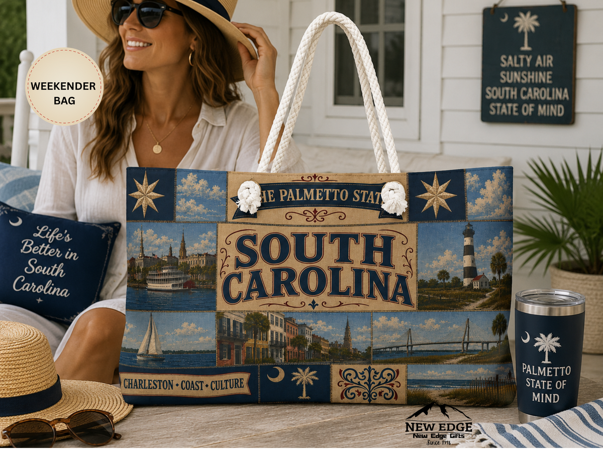 South Carolina Weekender Bag Palmetto State Faux Patchwork Travel Tote Charleston Coastal Lighthouse Beach Souvenir Gift