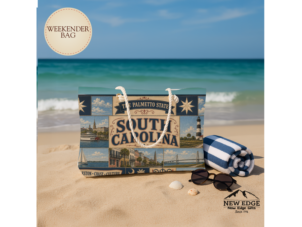 South Carolina Weekender Bag Palmetto State Faux Patchwork Travel Tote Charleston Coastal Lighthouse Beach Souvenir Gift