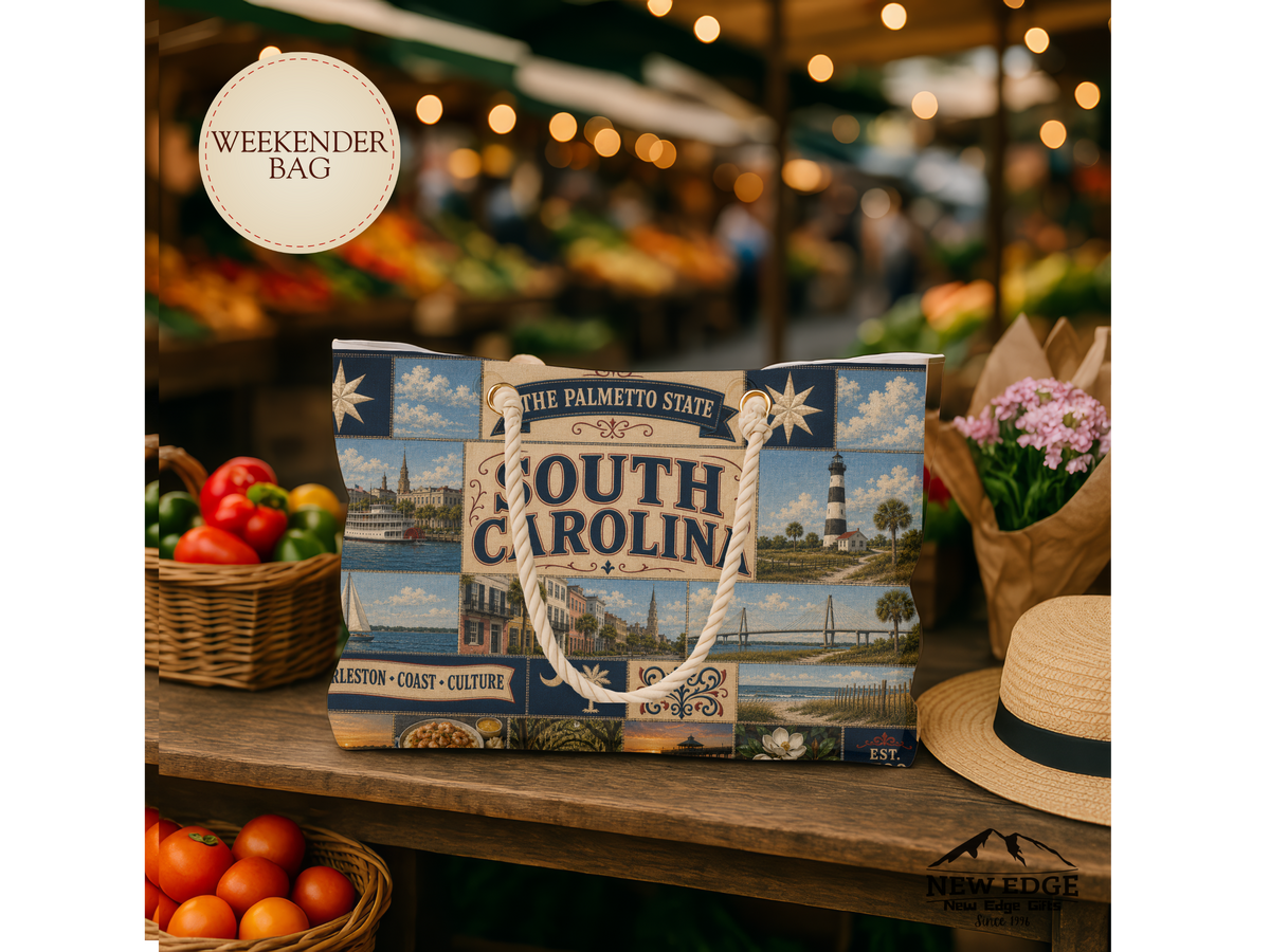 South Carolina Weekender Bag Palmetto State Faux Patchwork Travel Tote Charleston Coastal Lighthouse Beach Souvenir Gift