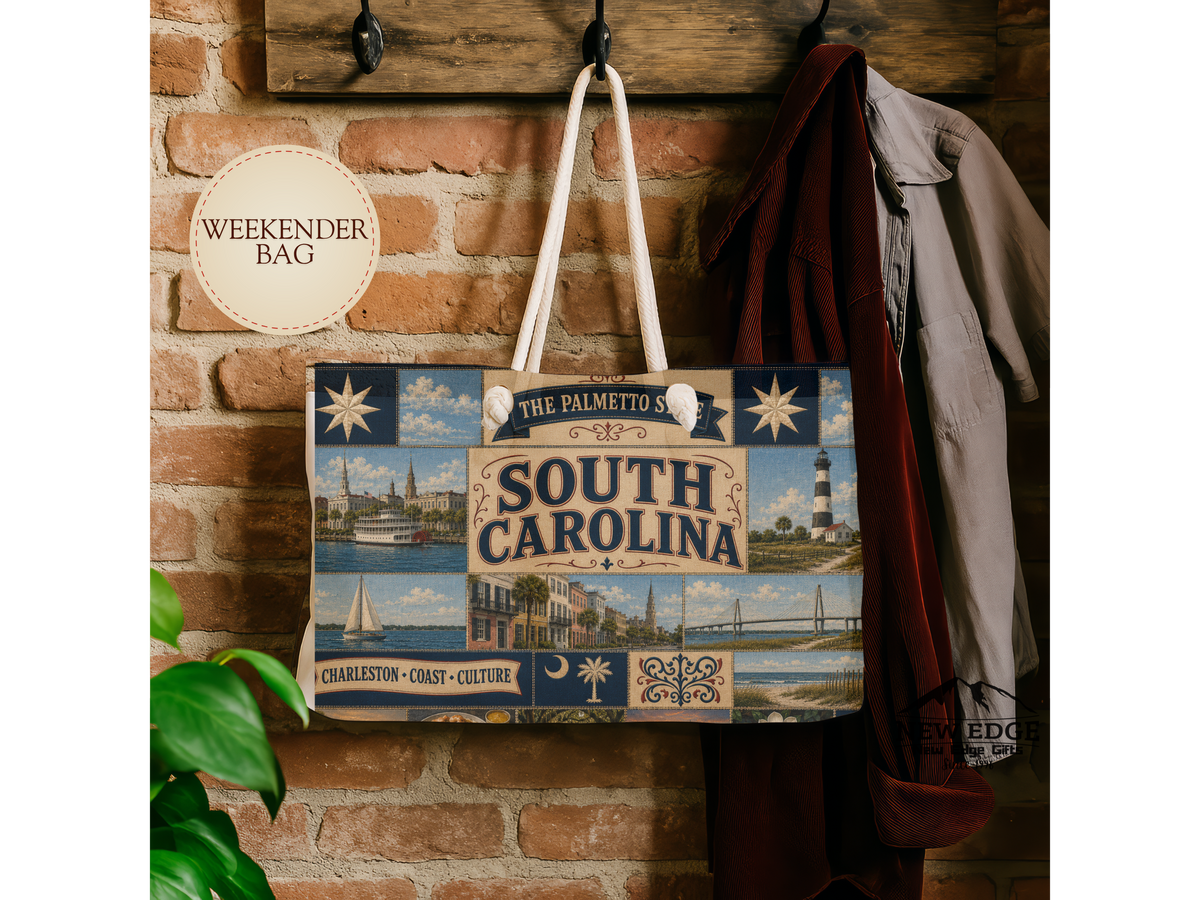 South Carolina Weekender Bag Palmetto State Faux Patchwork Travel Tote Charleston Coastal Lighthouse Beach Souvenir Gift