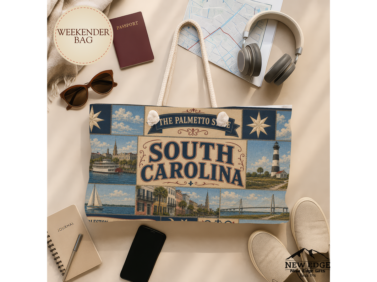 South Carolina Weekender Bag Palmetto State Faux Patchwork Travel Tote Charleston Coastal Lighthouse Beach Souvenir Gift