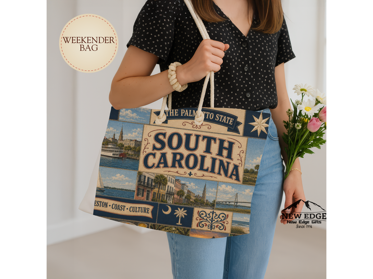 South Carolina Weekender Bag Palmetto State Faux Patchwork Travel Tote Charleston Coastal Lighthouse Beach Souvenir Gift