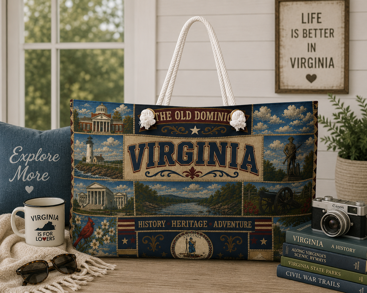 Virginia Weekender Bag Old Dominion Faux Patchwork Travel Tote History Heritage Adventure Vintage State Souvenir Gift