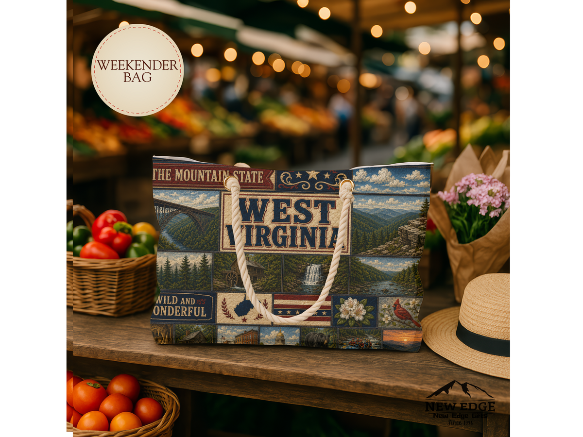 West Virginia Weekender Bag Wild and Wonderful Faux Patchwork Travel Tote Mountain State Adventure Overnight Gift