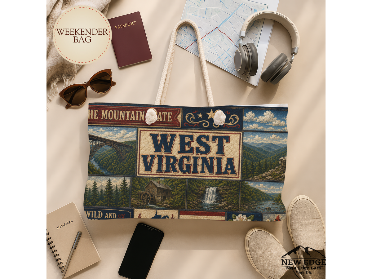 West Virginia Weekender Bag Wild and Wonderful Faux Patchwork Travel Tote Mountain State Adventure Overnight Gift