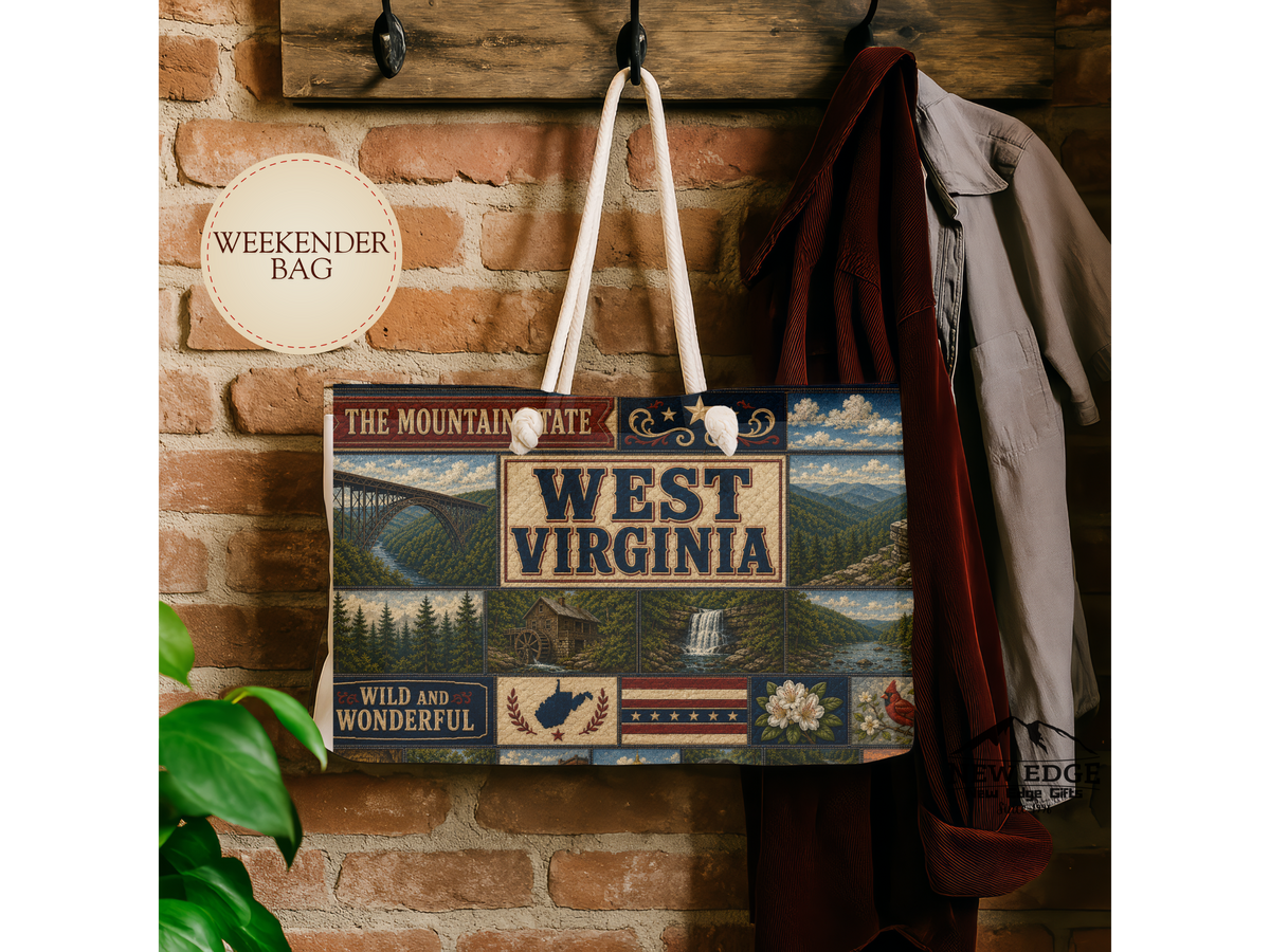 West Virginia Weekender Bag Wild and Wonderful Faux Patchwork Travel Tote Mountain State Adventure Overnight Gift
